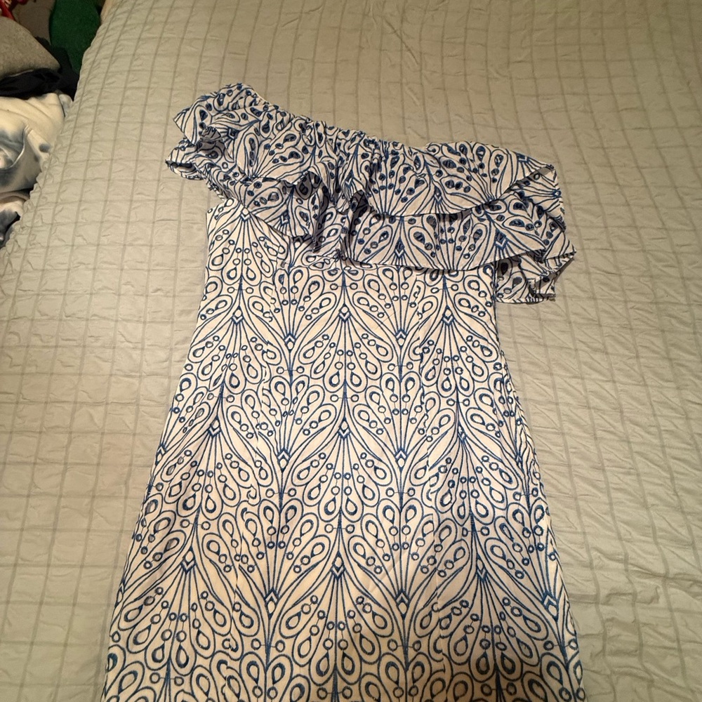 Off-Shoulder Blue and White Patterned Dress